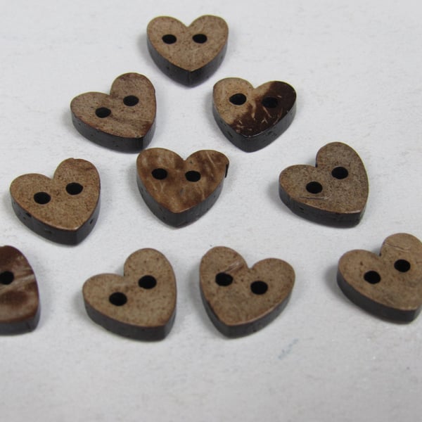 10 Small 10mm Heart Shaped Coconut Buttons