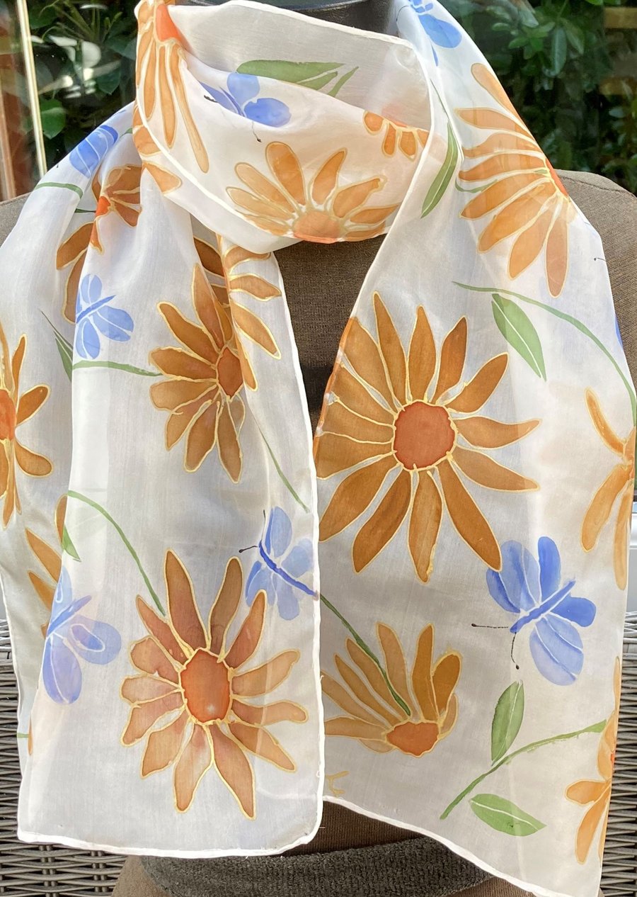  Daisies and butterflies hand painted silk scarf. Floral silk scarf