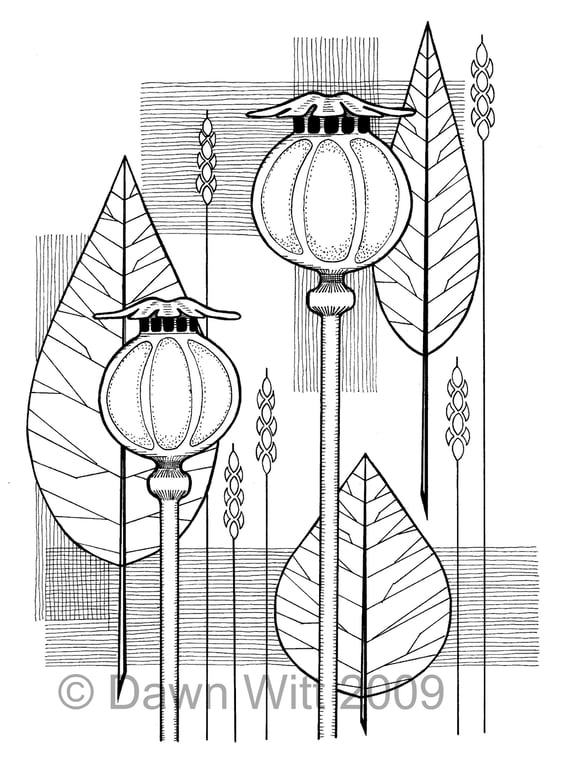 Retro Mid Century Style 60s 70s Poppy Seed head  Original Art