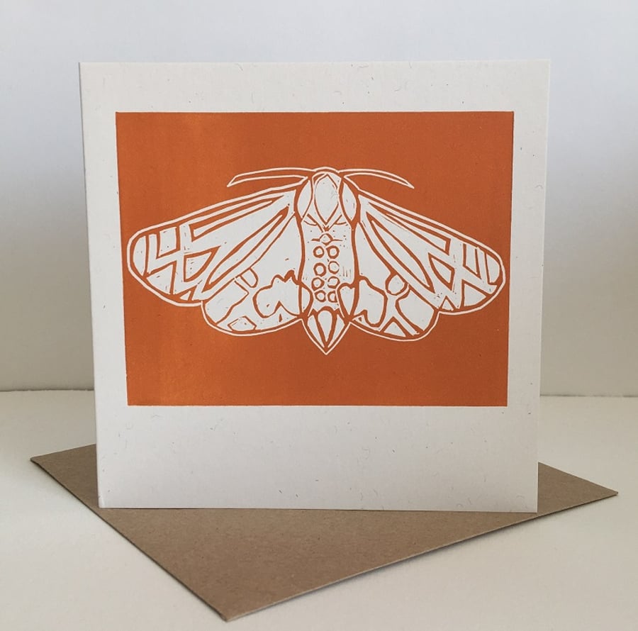 'Moth' hand printed linocut card, burnt orange