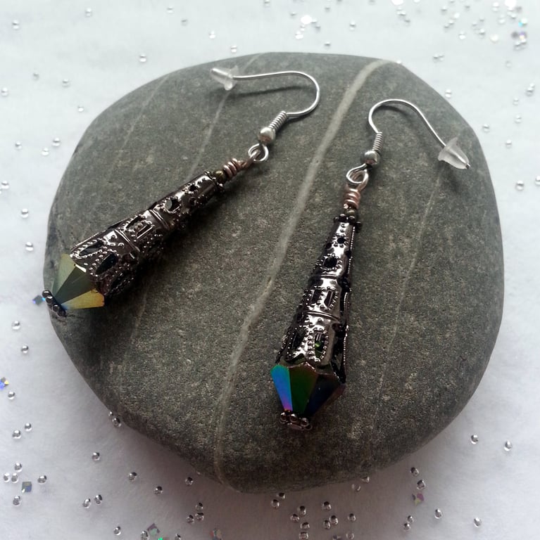 Gunmetal Filigree Cone Earrings - Rainbow Crystal Dangle Earrings