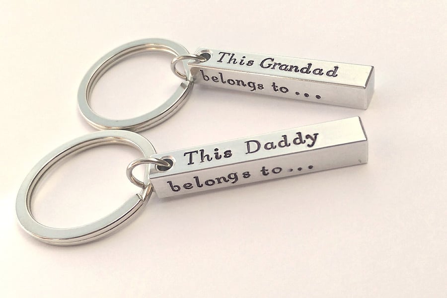 Hand Stamped personalised This Dad Daddy Grandad belongs to....bar keyring
