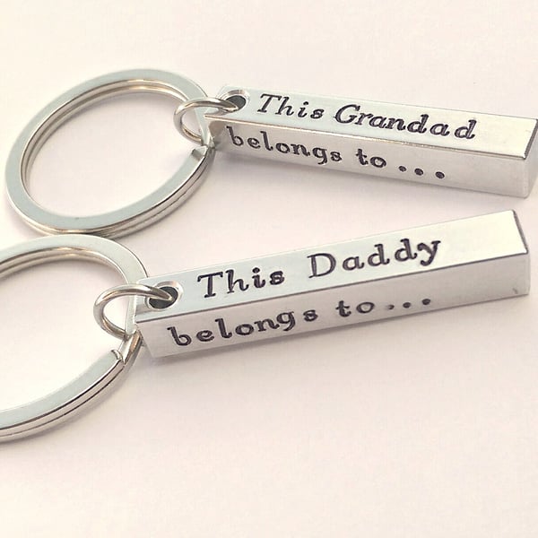 Hand Stamped personalised This Dad Daddy Grandad belongs to....bar keyring