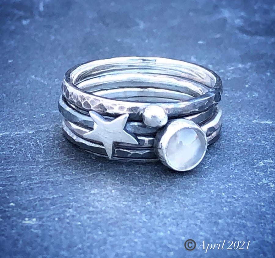 Moonstone Stack Ring, silver stack ring, celestial stack ring, space, celestial,