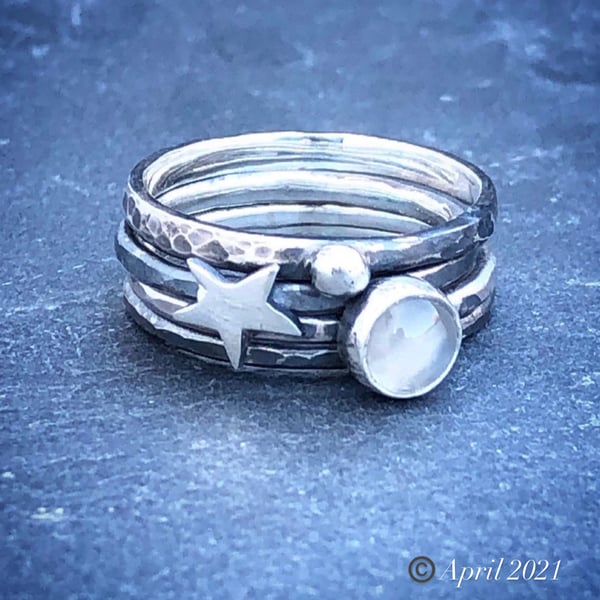 Moonstone Stack Ring, silver stack ring, celestial stack ring, space, astronomy,