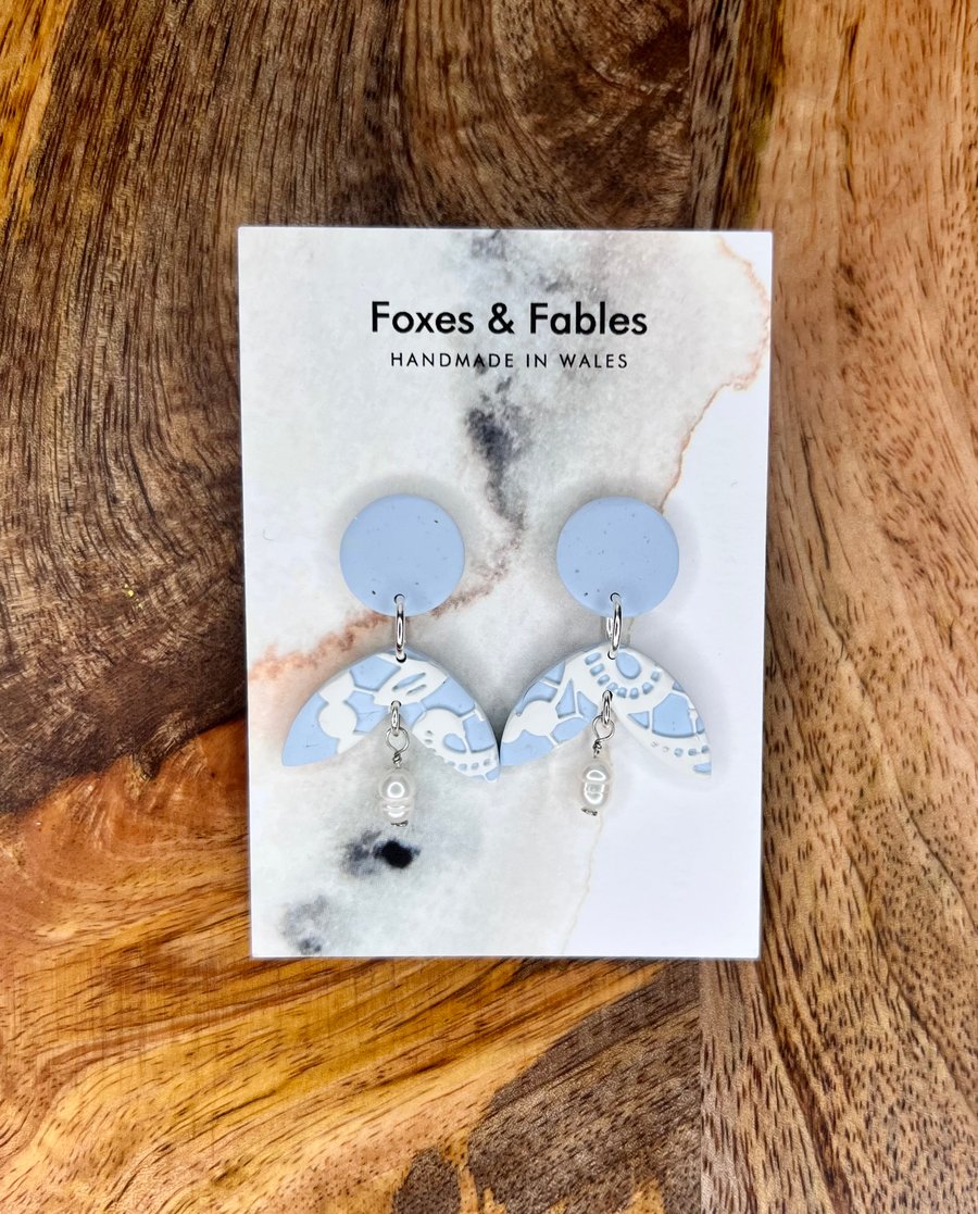 Lace and Pearl Pale Blue Dropper Earrings 