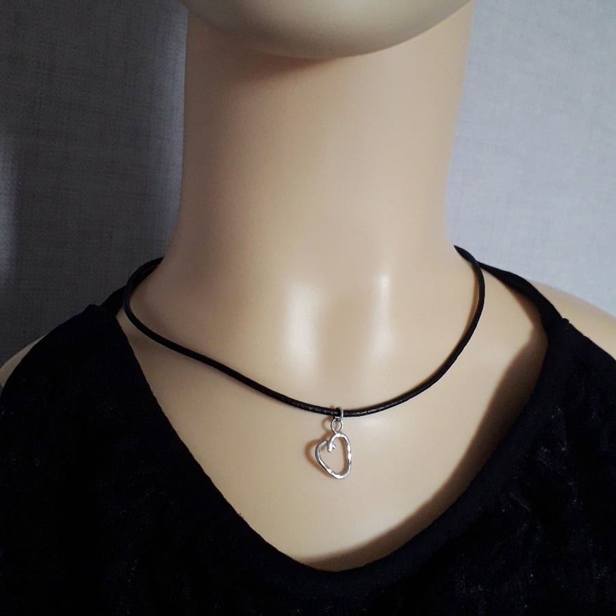 Black leather choker necklace silver heart charm adjustable