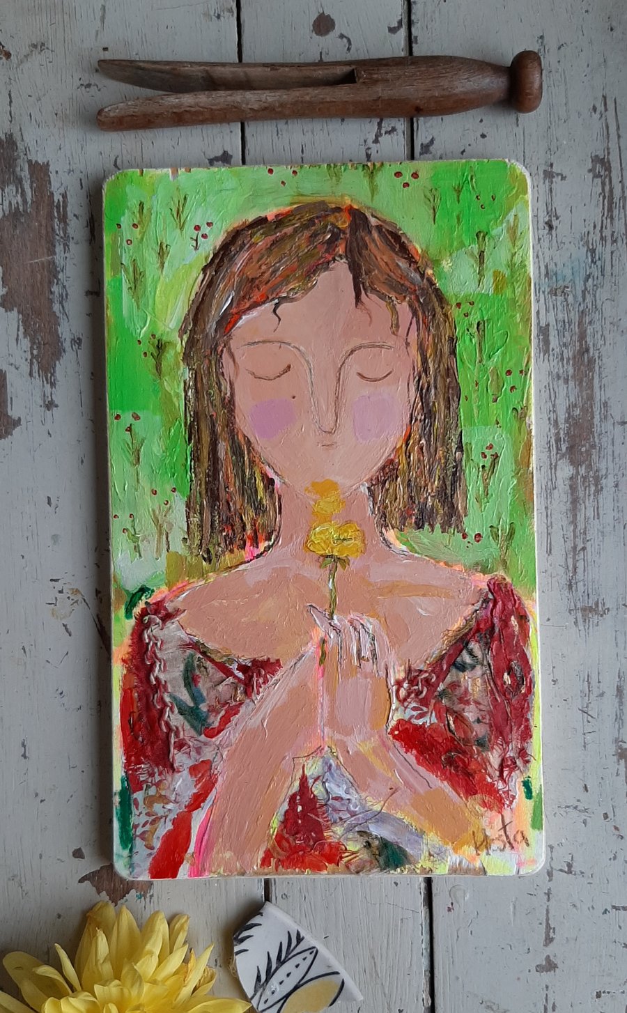 Small acrylic mixed media painting 'Chin Up Buttercup '