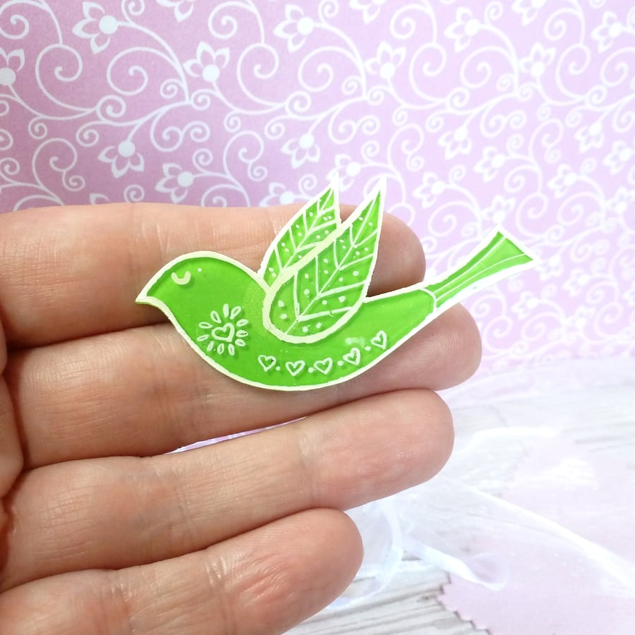 Lime green folk art style bird jacket pin. Handmade unisex lapel pin         