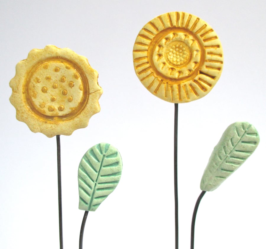 SALE - Clay Painted Sunflower and Leaf on Wooden Block