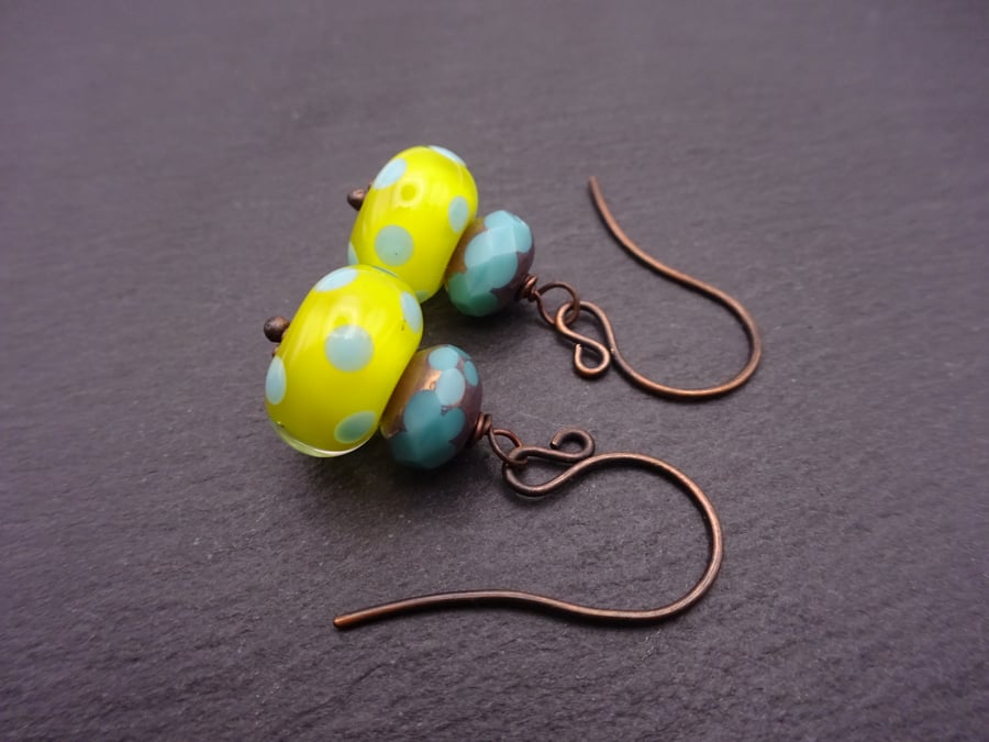 copper, yellow and blue spot lampwork glass earrings