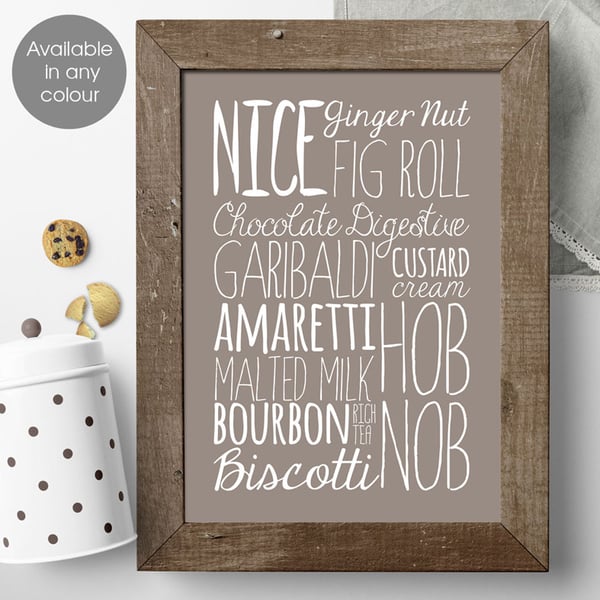 Biscuits bespoke kitchen print, wall art, gift for baker or cook