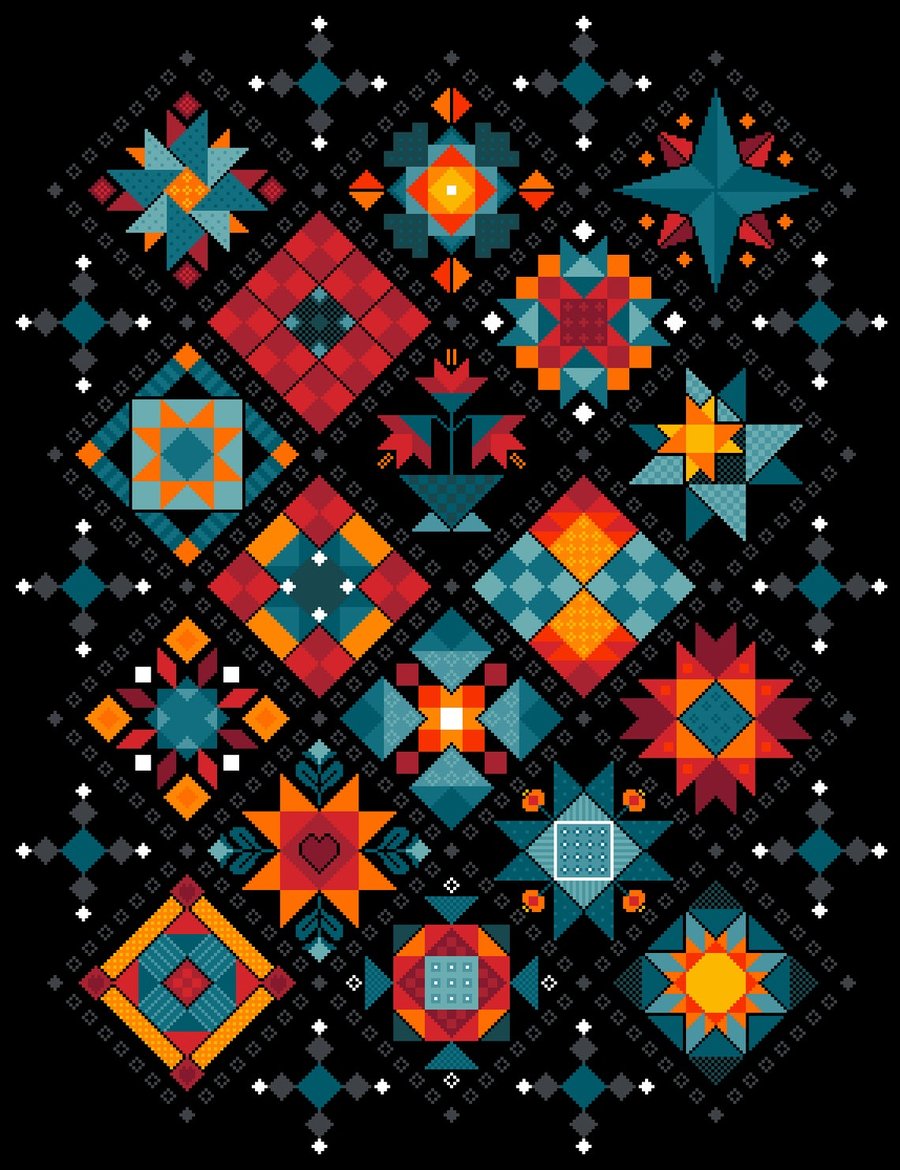 043B - Large Shaker Patchwork Barn Quilt on Black - Cross Stitch Pattern