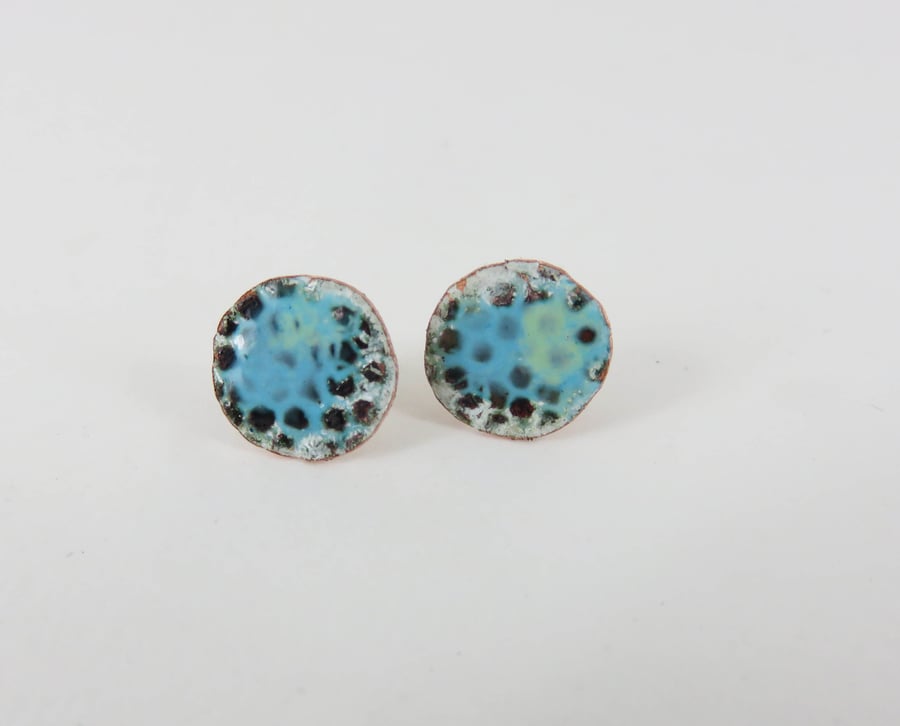 Enamel and Textured Copper Stud Earrings