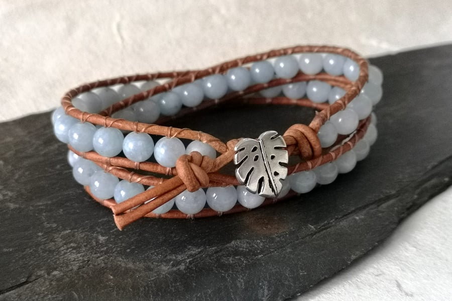 Aquamarine semi precious bead and leather bracelet, March birthstone