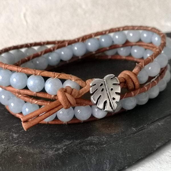Aquamarine semi precious bead and leather bracelet, March birthstone