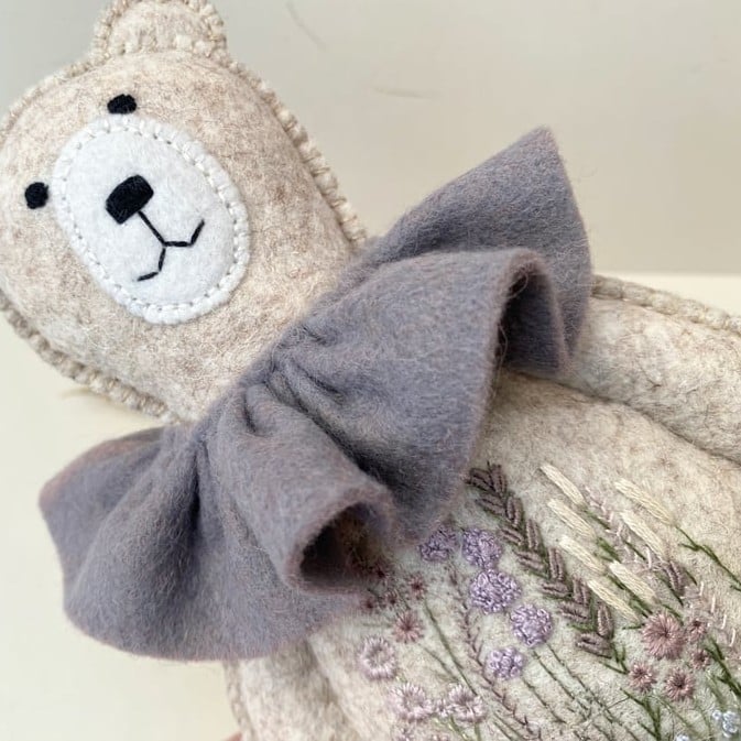 Teddy bear wall decor, hand sewn animal doll, hanging embroidered bear