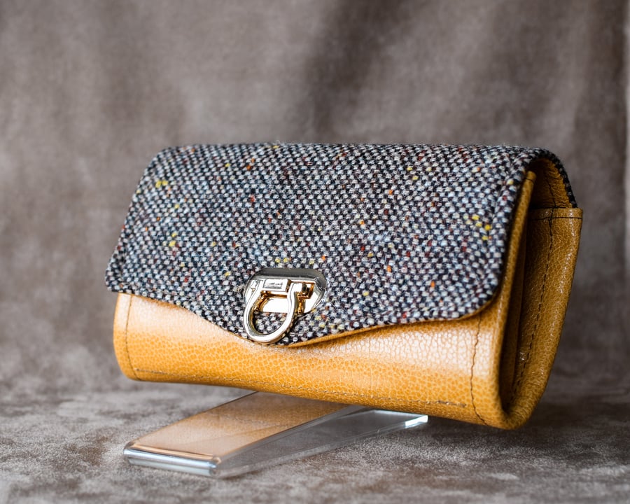 Mango yellow leather and brown wool tweed clutch purse wallet