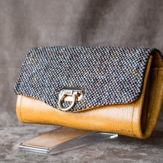 Mango yellow leather and brown wool tweed clutch purse wallet