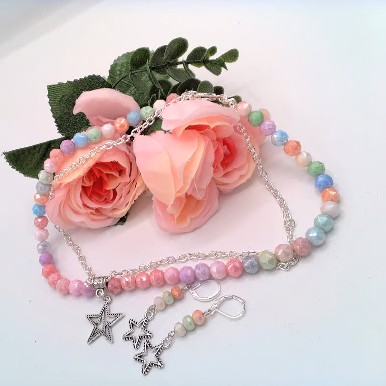 Pastel Marble Crystal, Chain & Stars Jewellery Set, Gift for Her, Mother's Day 
