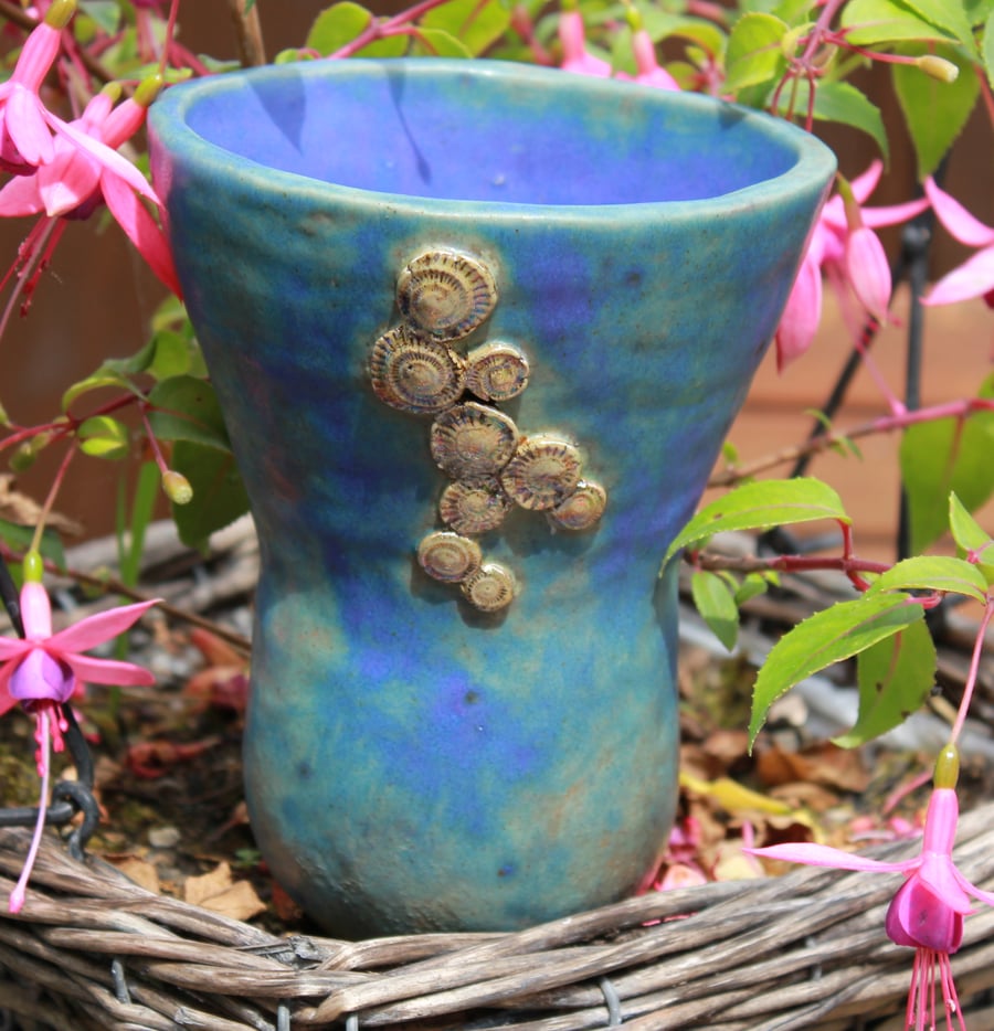 Handmade coiled ceramic turquoise blue ammonite decorative cacti  bonsai pot