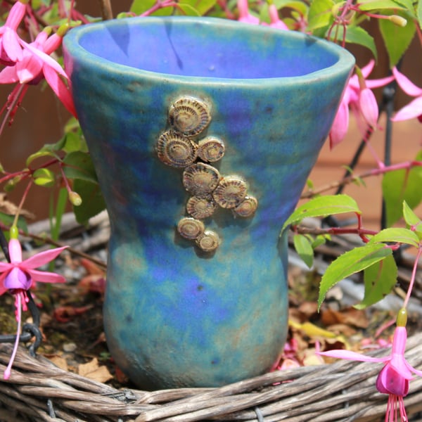 Handmade coiled ceramic turquoise blue ammonite decorative cacti  bonsai pot