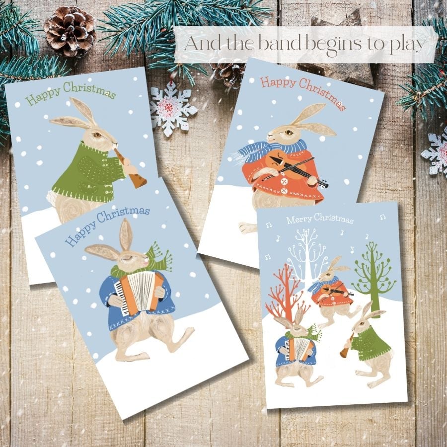 Christmas card pack blank cards hare - christmas band