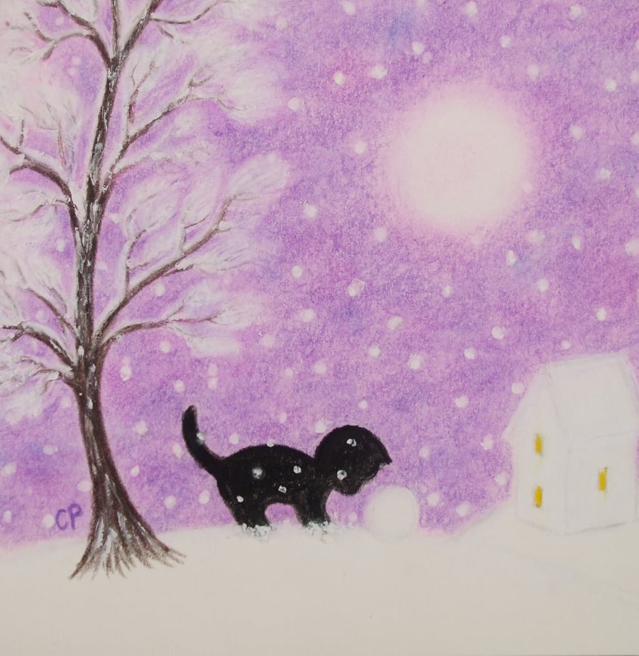 Christmas Card, Cat Daughter Card, Kitten Snow Tree Moon Card, Black Cat Xmas