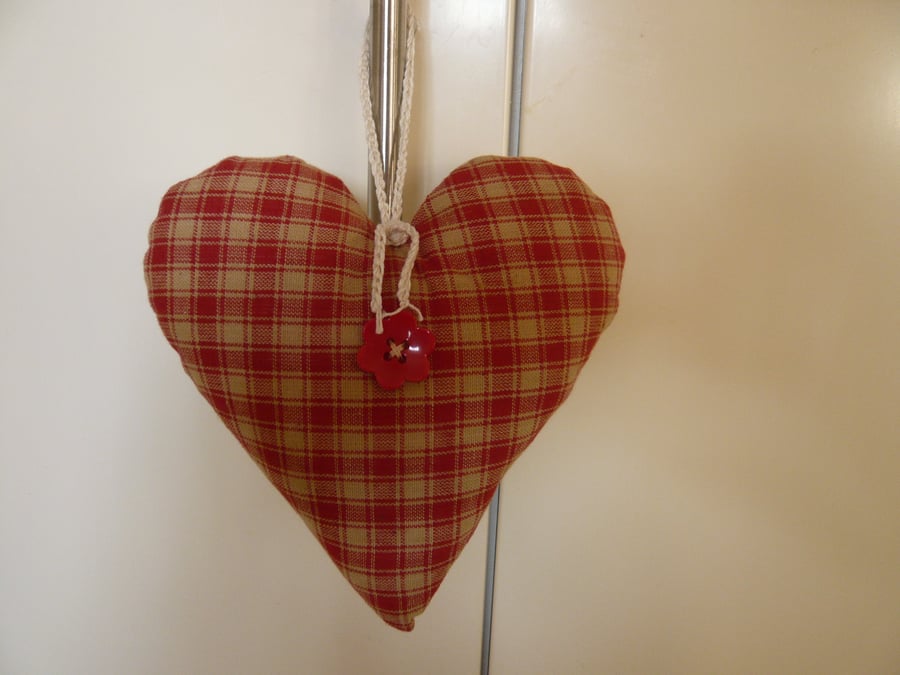  SALE Rich Red and Cream Check Hanging Heart Decoration