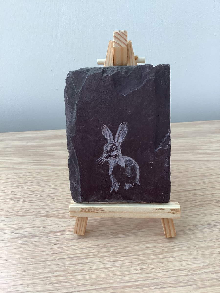 Baby Hare picture - original art hand carved on slate
