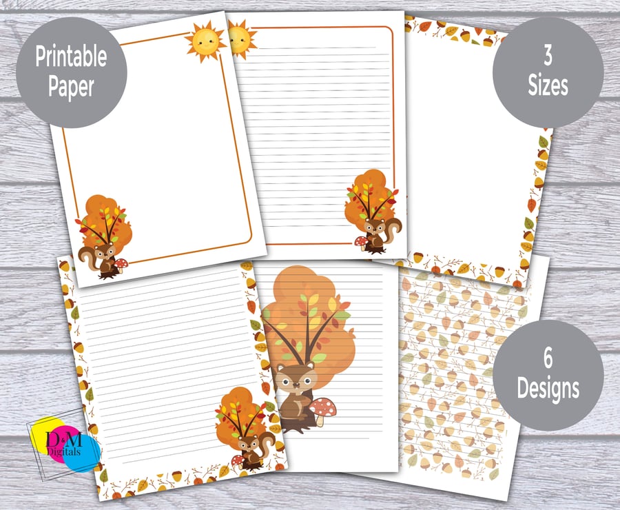 6 Forest Squirrel Printable Letter Writing Papers for Kids, Lined and Unlined