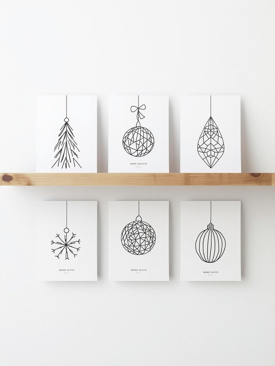 Pack of 6 - Black Christmas Cards - A6 White Linen Note Card & Envelope Set