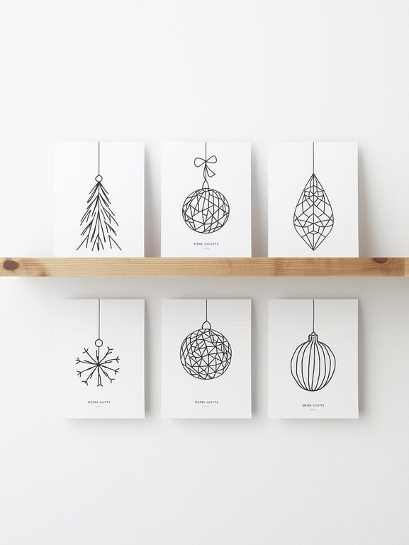 Pack of 6 - Black Christmas Cards - A6 White Linen Note Card & Envelope Set