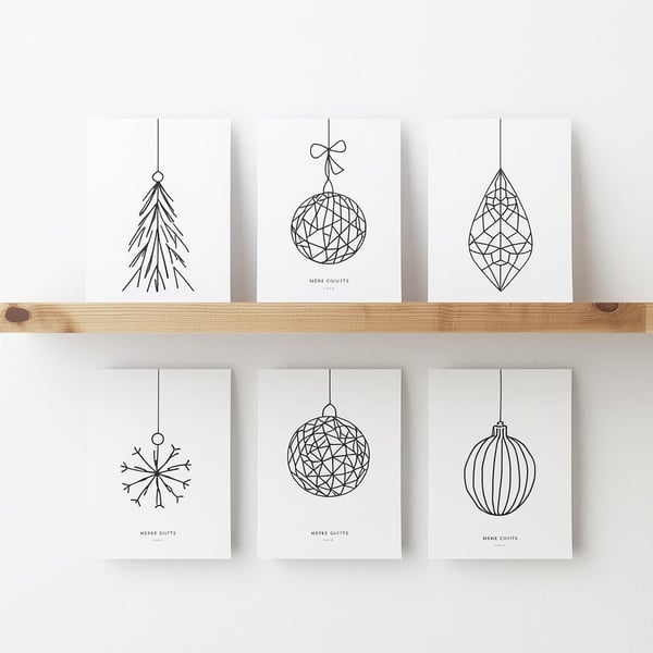 Pack of 6 - Black Christmas Cards - A6 White Linen Note Card & Envelope Set