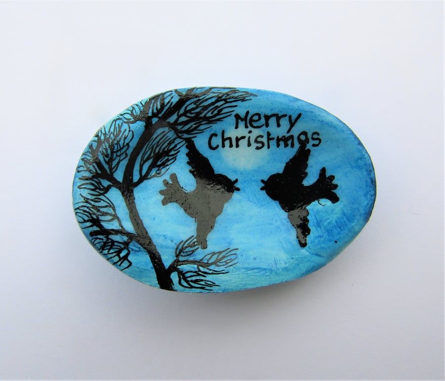 Bird Christmas Card, Hand Painted Shell, Love Birds Tree Moon Card, Romantic Art