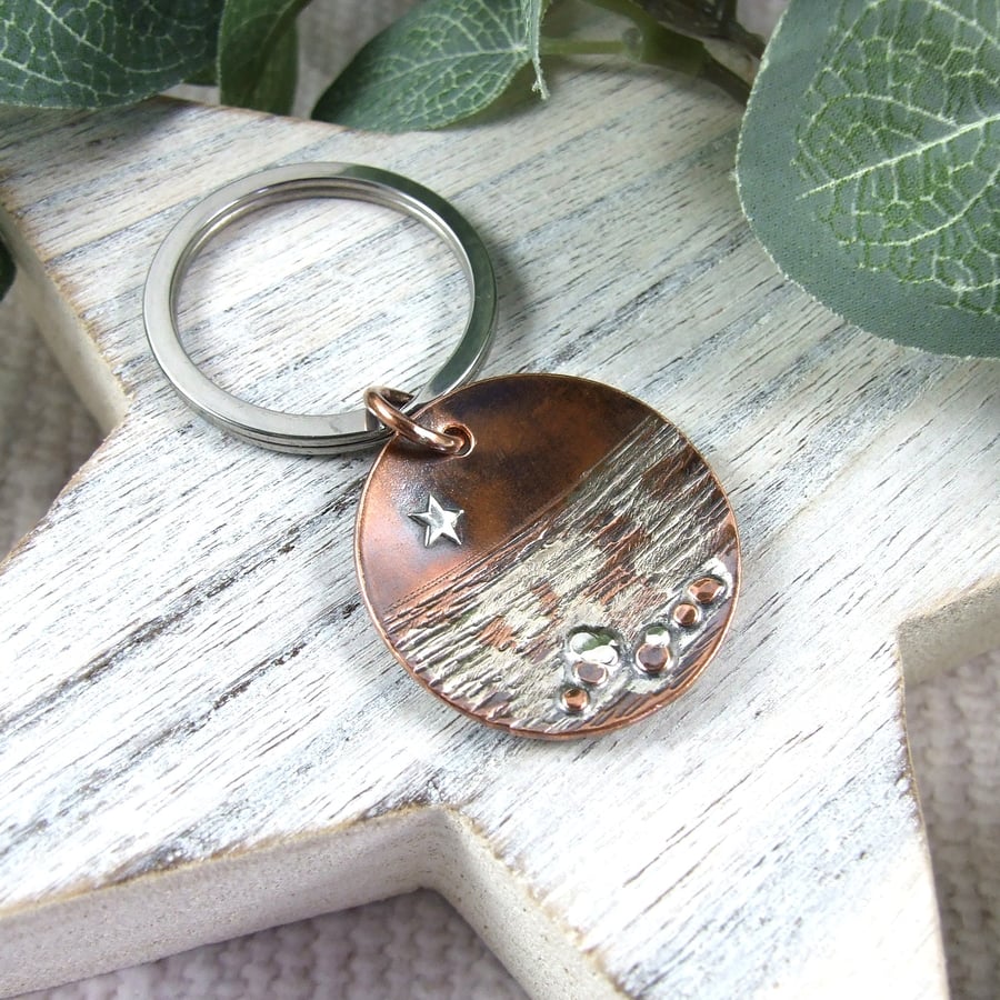 Keyring, Copper and Sterling Silver Starlight Seascape Bag Charm