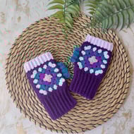 Crochet Granny Square Fingerless Mitts Wrist Warmers Royal Purple & Lilac