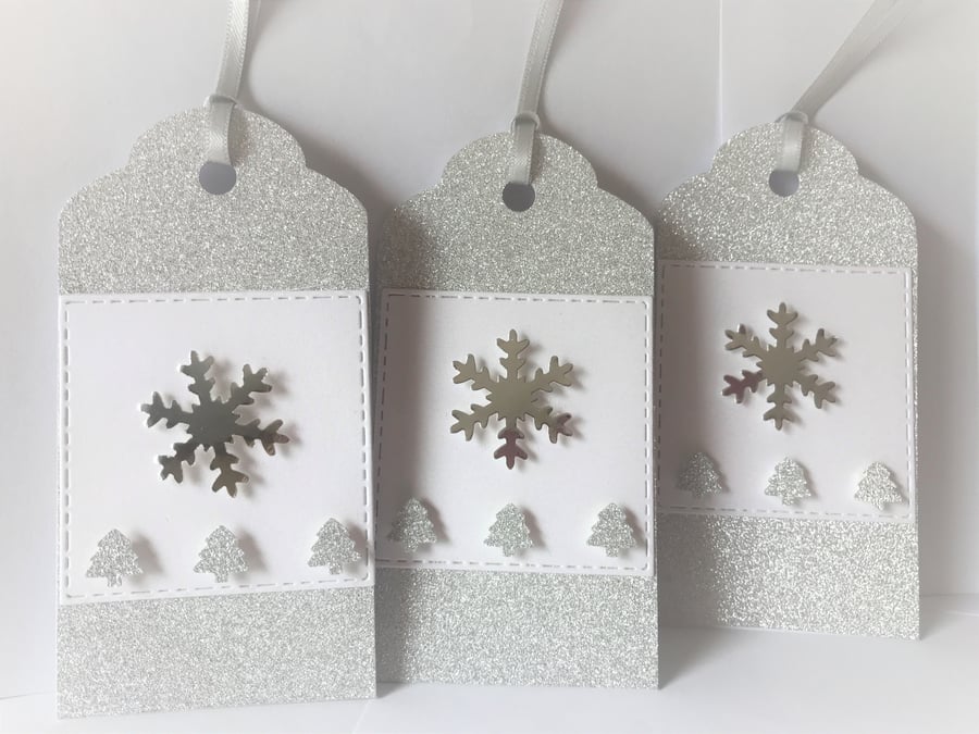Luxury sparkly Christmas silver white 3 gift tag set xmas trees Snowflake 