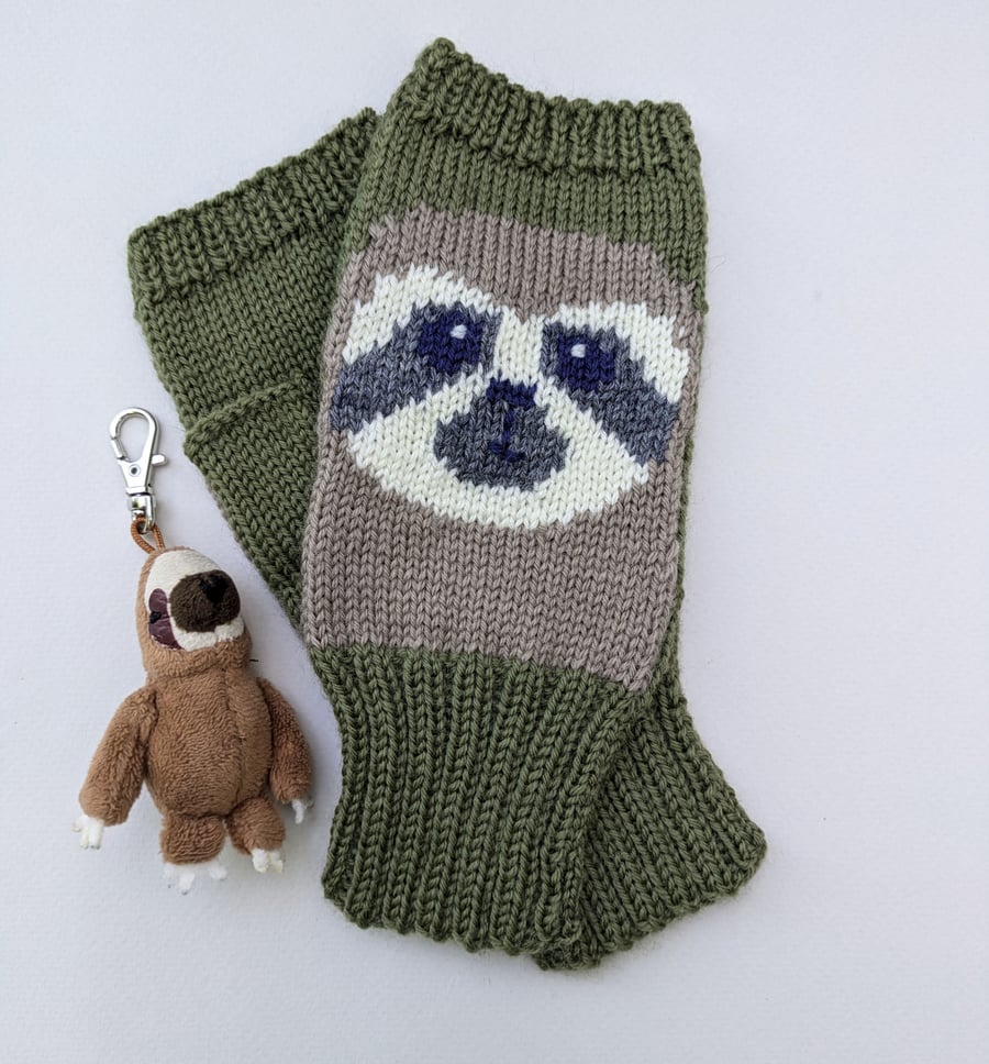 Sloth Fingerless Gloves knitted in green wool, handmade wrist warmers