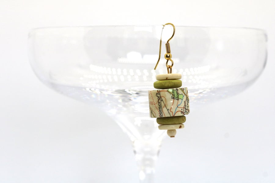 Paper beaded earrings made of an old OS map with pastel green and cream discs