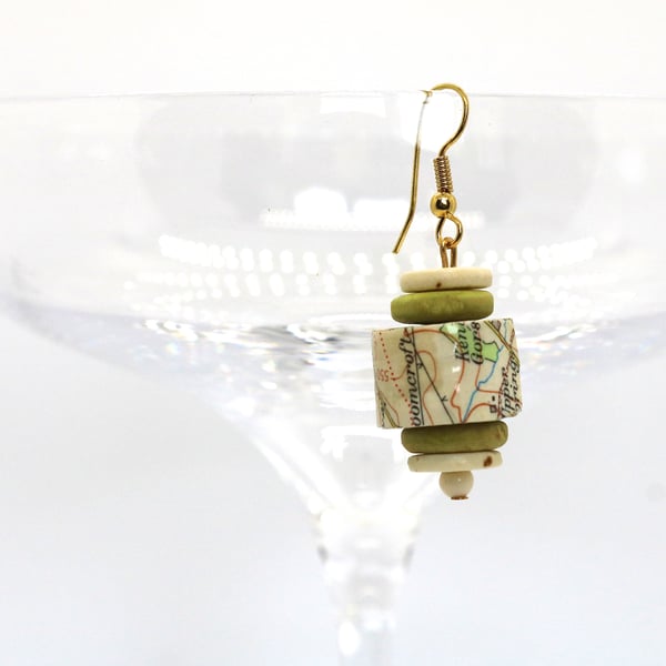 Paper beaded earrings made of an old OS map with pastel green and cream discs