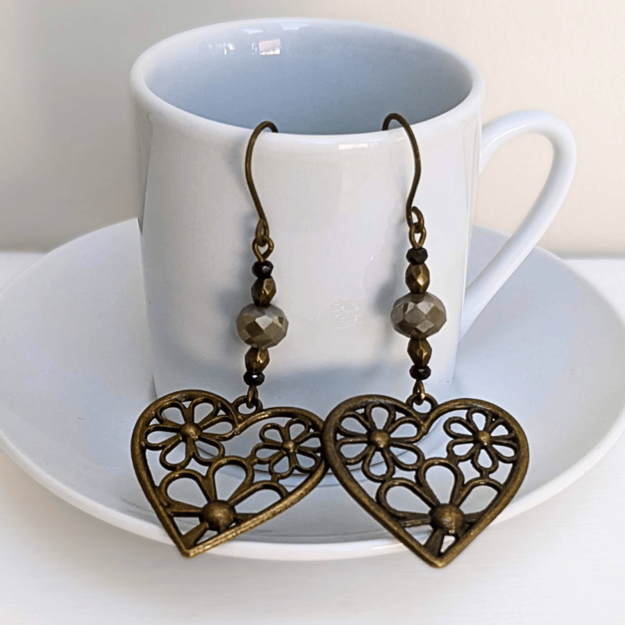 Heart Pendant Bronze Earrings,  Dangle Earrings, Valentines Gift
