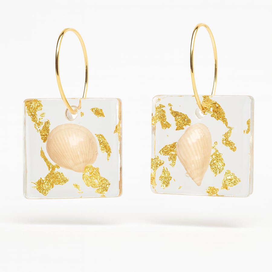 Shell Resin Square Hoop Earrings – Gold Leaf Coastal Drops