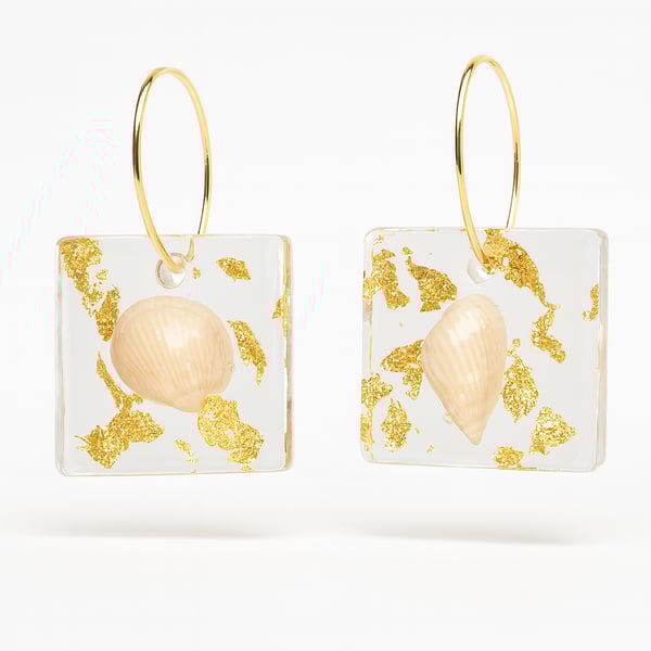 Shell Resin Square Hoop Earrings – Gold Leaf Coastal Drops
