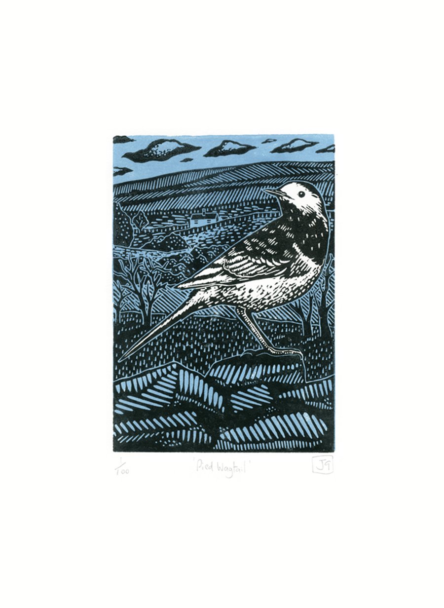 Pied Wagtail two-colour linocut print