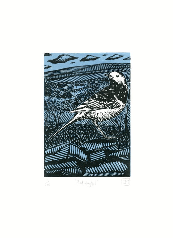 Pied Wagtail two-colour linocut print