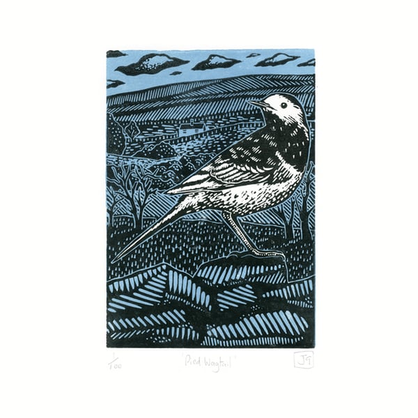 Pied Wagtail two-colour linocut print
