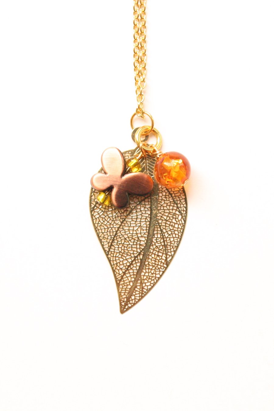 Skeleton leaf necklace, filigree necklace, gold necklace, nature necklace