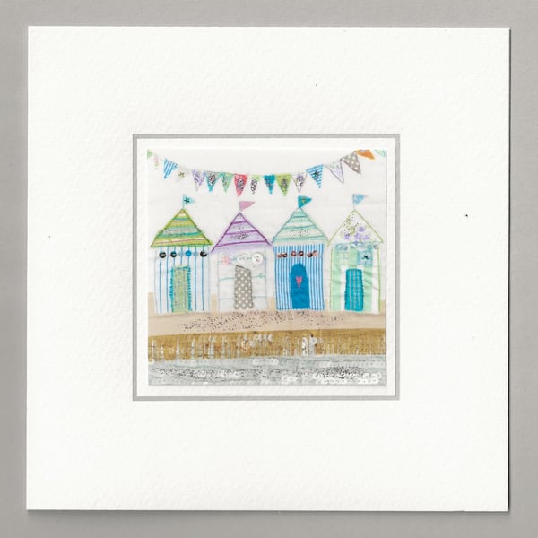 Summer beach huts in a row, handmade card 