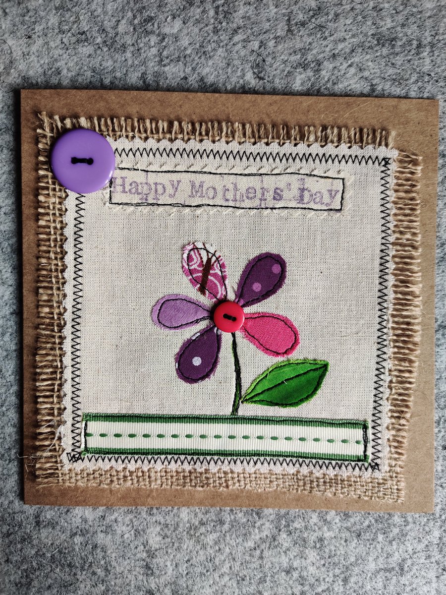 Handmade, fabric, free motion machine embroidery Mother's Day cards  